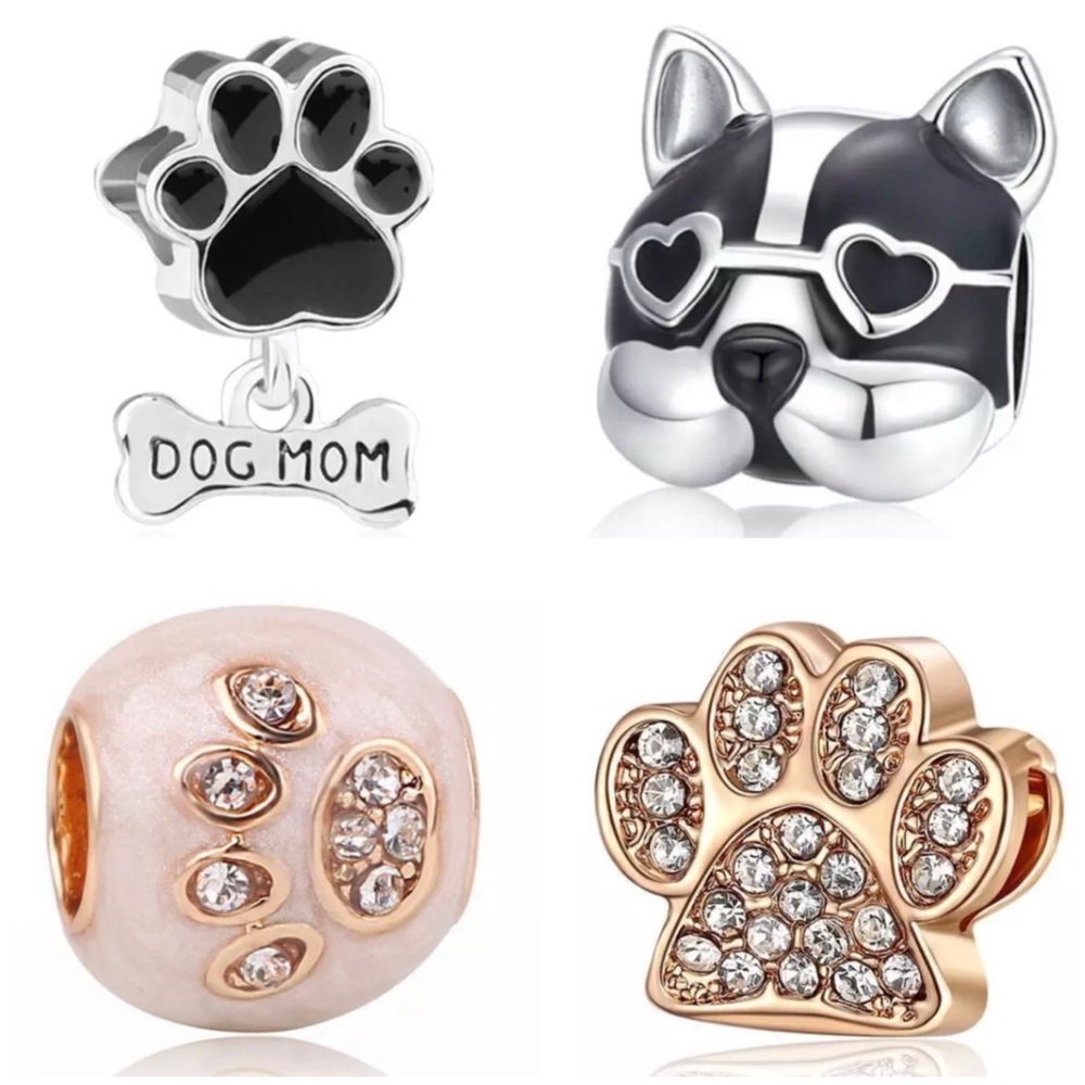 4 Boston Terrier, Dog Mom, Paw Print Charm Set For Bracelet /Not Pandora